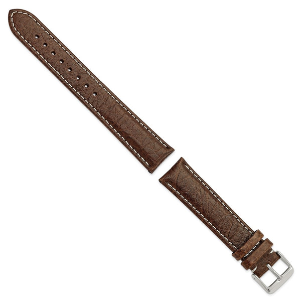 20mm Long Dark Brown Leather White Stitch Silver-tone Buckle Watch Band