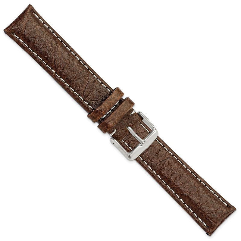 20mm Long Dark Brown Leather White Stitch Silver-tone Buckle Watch Band