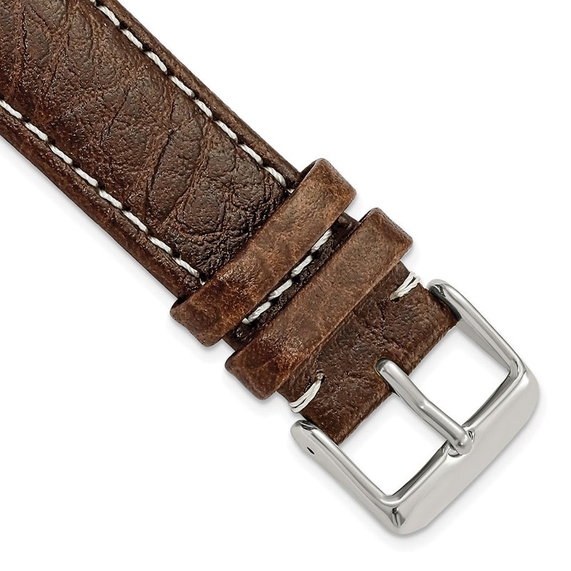 20mm Long Dark Brown Leather White Stitch Silver-tone Buckle Watch Band