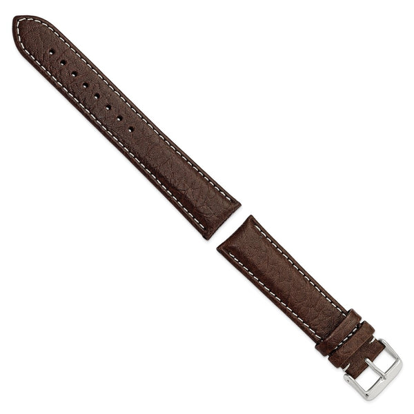 22mm Long Dark Brown Leather White Stitch Silver-tone Buckle Watch Band