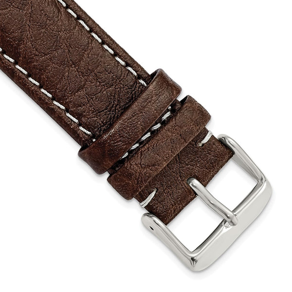 22mm Long Dark Brown Leather White Stitch Silver-tone Buckle Watch Band