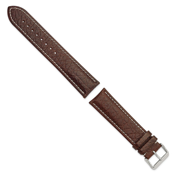 24mm Long Dark Brown Leather White Stitch Silver-tone Buckle Watch Band