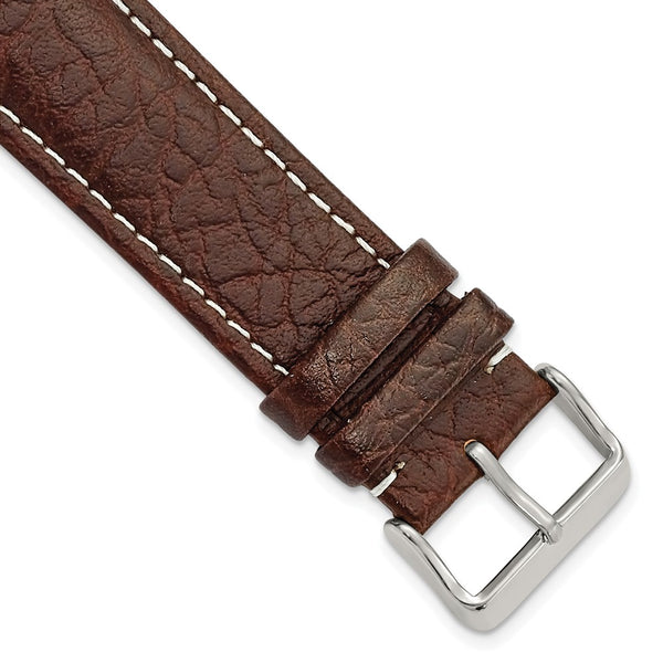 24mm Long Dark Brown Leather White Stitch Silver-tone Buckle Watch Band