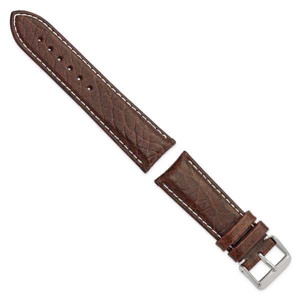 22mm Short Dark Brown Leather White Stitch Silver-tone Buckle Watch Band
