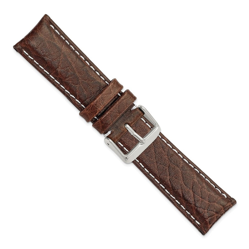 22mm Short Dark Brown Leather White Stitch Silver-tone Buckle Watch Band