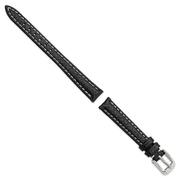 12mm Black Sport Leather White Stitch Silver-tone Buckle Watch Band