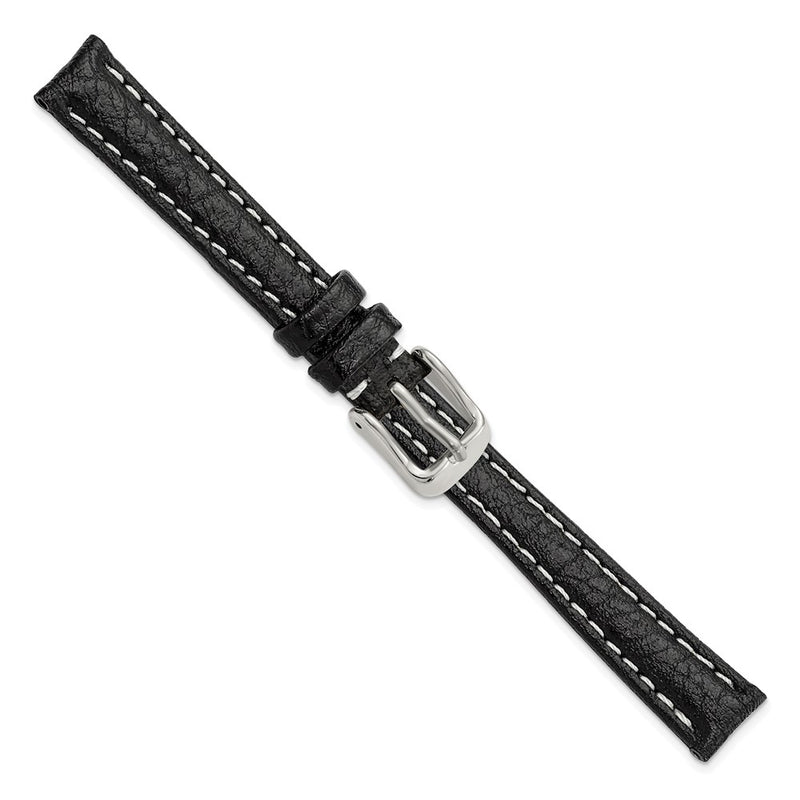 DeBeer 12mm Black Sport Leather with White Stitching and Silver-tone Buckle 6.75 inch Watch Band