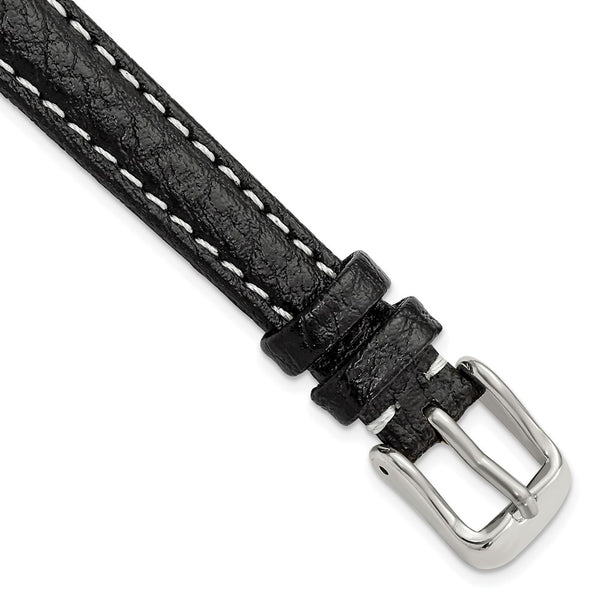 12mm Black Sport Leather White Stitch Silver-tone Buckle Watch Band