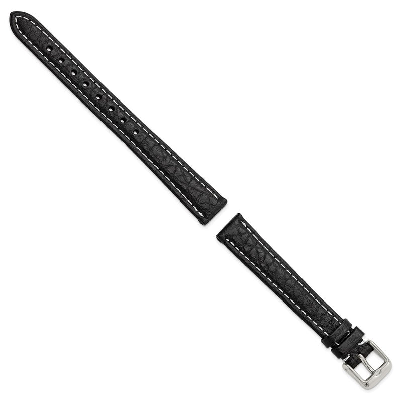 14mm Black Sport Leather White Stitch Silver-tone Buckle Watch Band