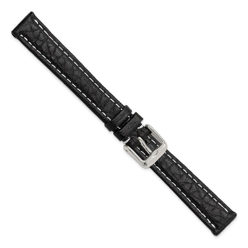 DeBeer 14mm Black Sport Leather with White Stitching and Silver-tone Buckle 6.75 inch Watch Band