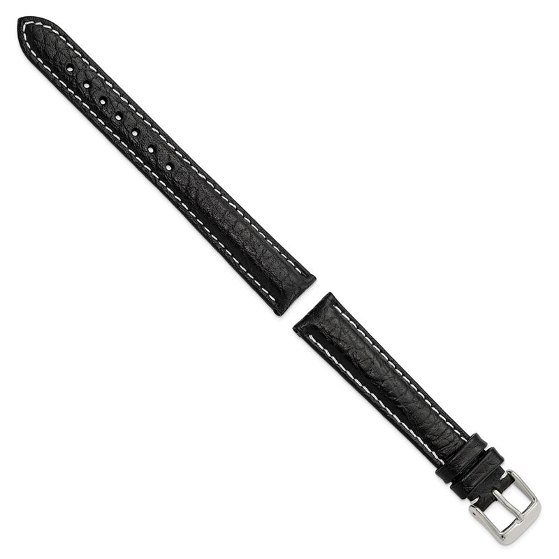 16mm Black Sport Leather White Stitch Silver-tone Buckle Watch Band