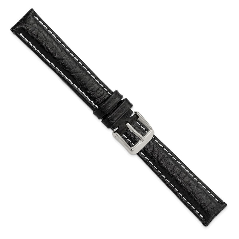 16mm Black Sport Leather White Stitch Silver-tone Buckle Watch Band