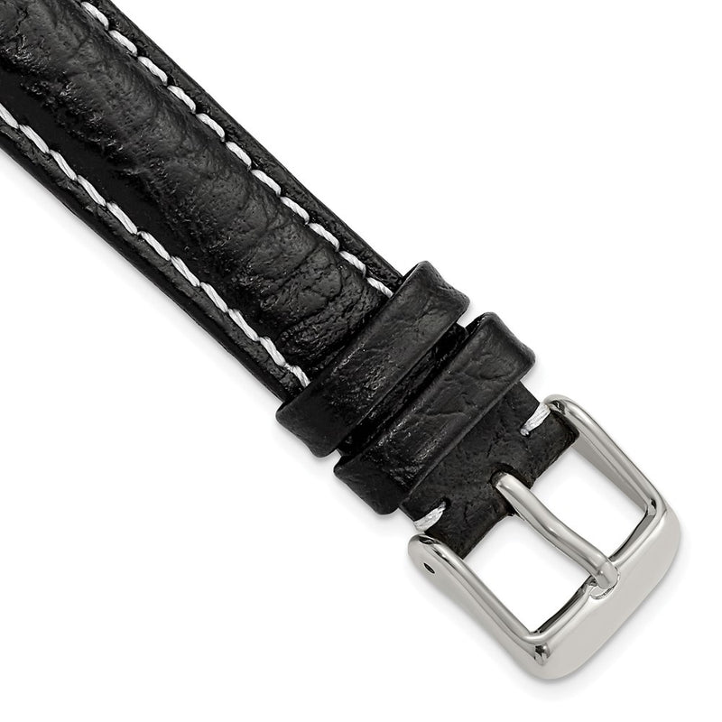 16mm Black Sport Leather White Stitch Silver-tone Buckle Watch Band