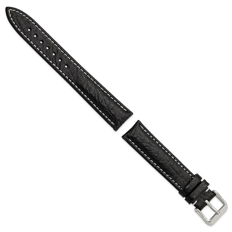 17mm Black Sport Leather White Stitch Silver-tone Buckle Watch Band
