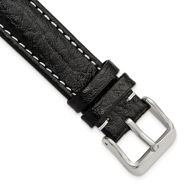 17mm Black Sport Leather White Stitch Silver-tone Buckle Watch Band