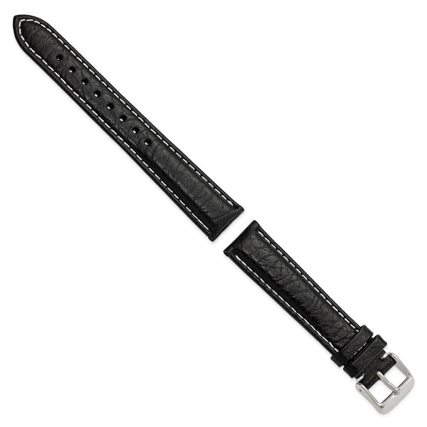 18mm Black Sport Leather White Stitch Silver-tone Buckle Watch Band