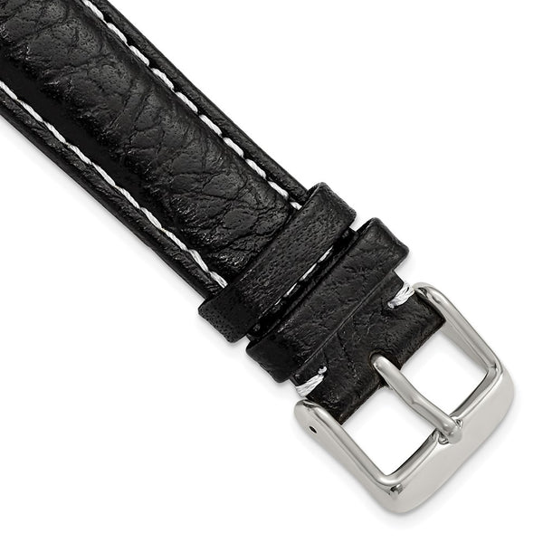 18mm Black Sport Leather White Stitch Silver-tone Buckle Watch Band