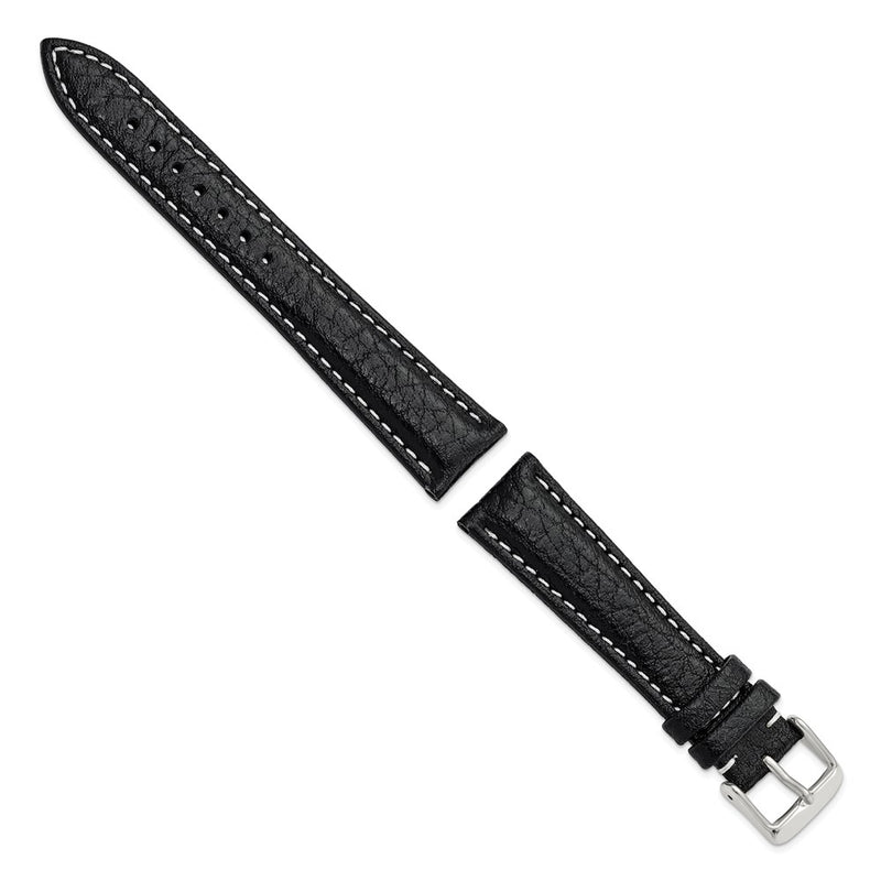 DeBeer 19mm Black Sport Leather with White Stitching and Silver-tone Buckle 7.5 inch Watch Band