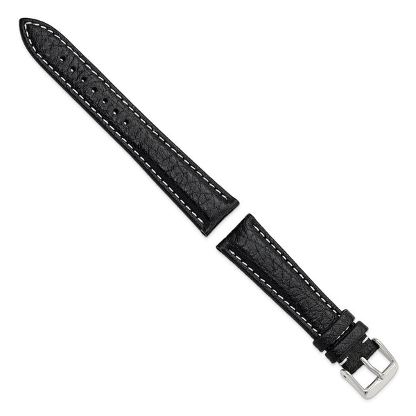 19mm Black Sport Leather White Stitch Silver-tone Buckle Watch Band