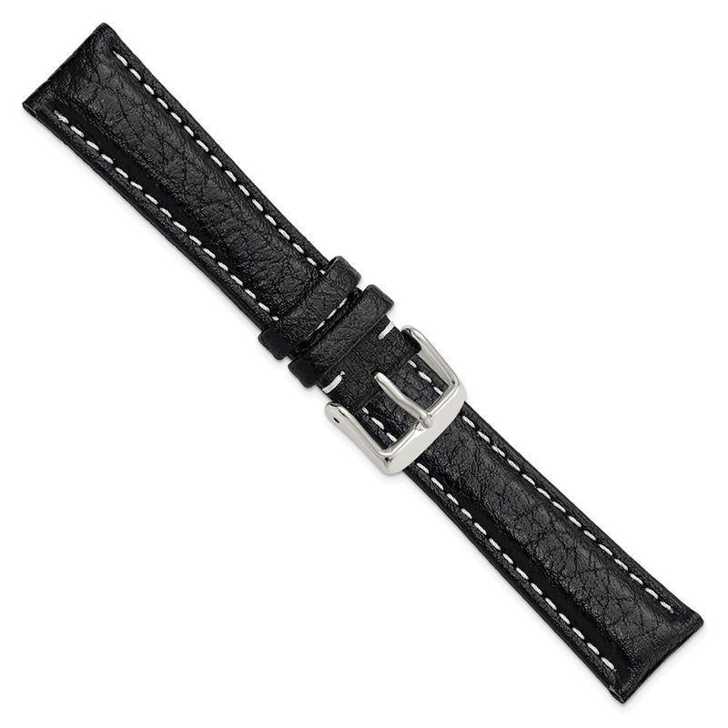 DeBeer 19mm Black Sport Leather with White Stitching and Silver-tone Buckle 7.5 inch Watch Band