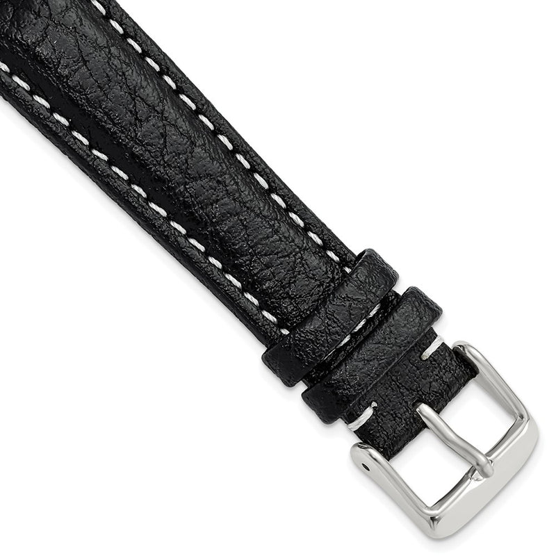 19mm Black Sport Leather White Stitch Silver-tone Buckle Watch Band