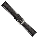 20mm Black Sport Leather White Stitch Silver-tone Buckle Watch Band