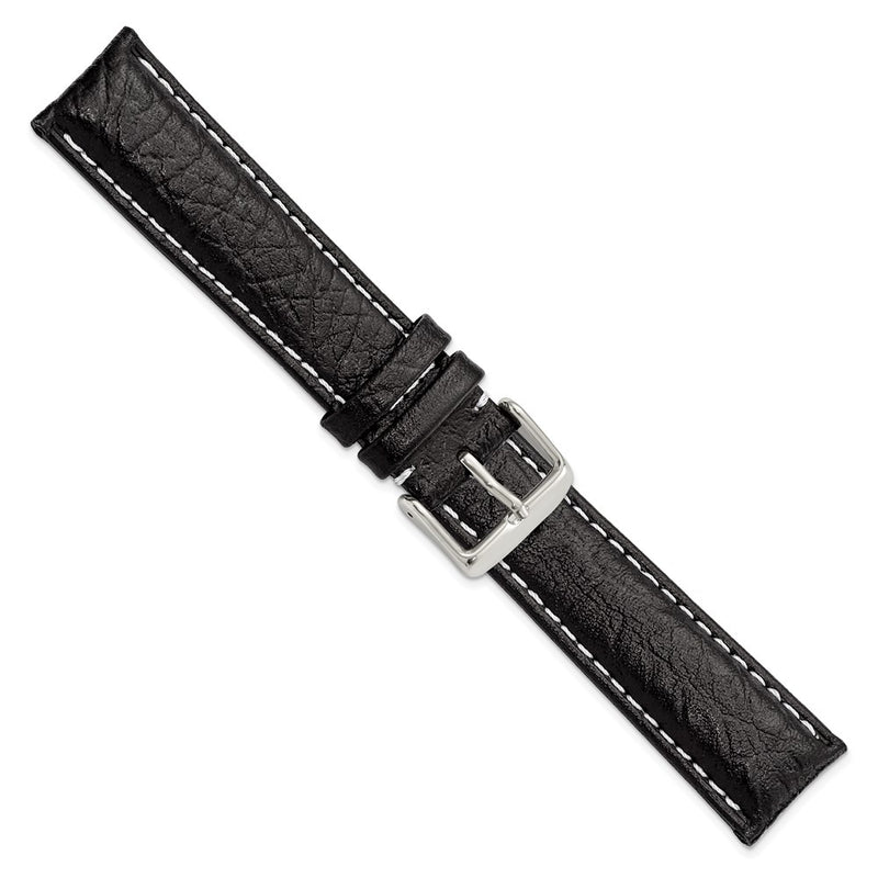 20mm Black Sport Leather White Stitch Silver-tone Buckle Watch Band