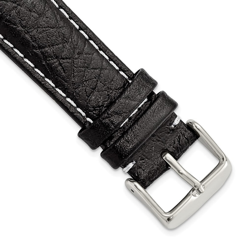 20mm Black Sport Leather White Stitch Silver-tone Buckle Watch Band