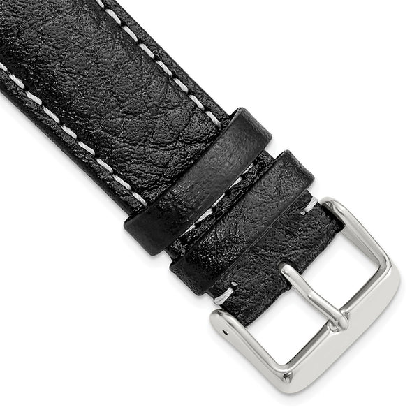 22mm Black Sport Leather White Stitch Silver-tone Buckle Watch Band