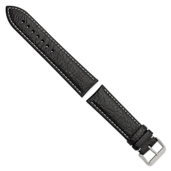 24mm Black Sport Leather White Stitch Silver-tone Buckle Watch Band