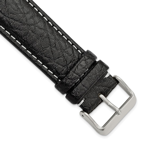 24mm Black Sport Leather White Stitch Silver-tone Buckle Watch Band