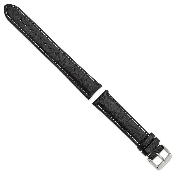 20mm Long Black Sport Leather White Stitch Silver-tone Buckle Watch Band