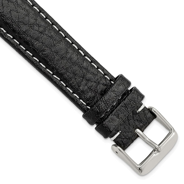 20mm Long Black Sport Leather White Stitch Silver-tone Buckle Watch Band