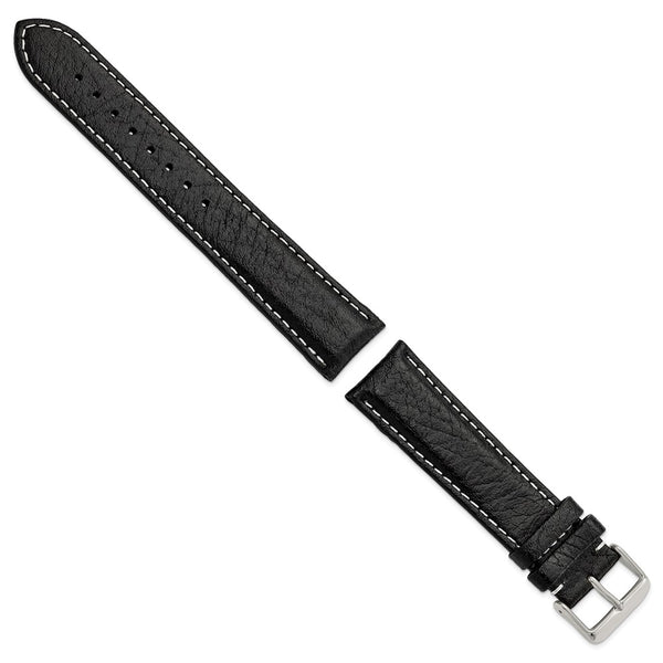 22mm Long Black Sport Leather White Stitch Silver-tone Buckle Watch Band