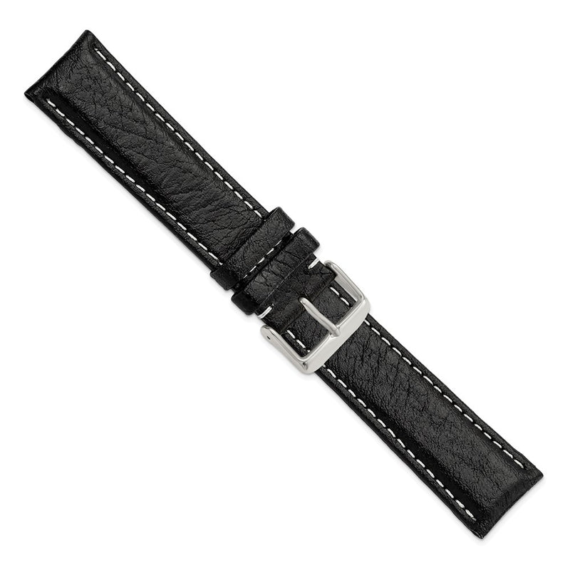DeBeer 22mm Long Black Sport Leather with White Stitching and Silver-tone Buckle 8.5 inch Watch Band