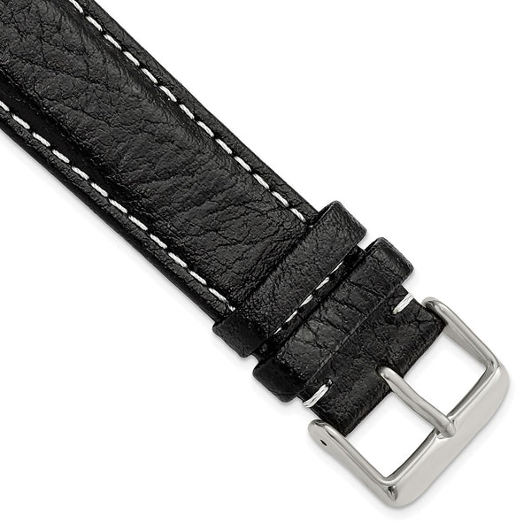 22mm Long Black Sport Leather White Stitch Silver-tone Buckle Watch Band