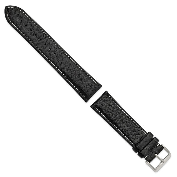 DeBeer 24mm Long Black Sport Leather with White Stitching and Silver-tone Buckle 8.5 inch Watch Band