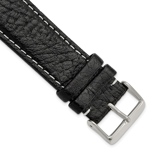 24mm Long Black Sport Leather White Stitch Silver-tone Buckle Watch Band