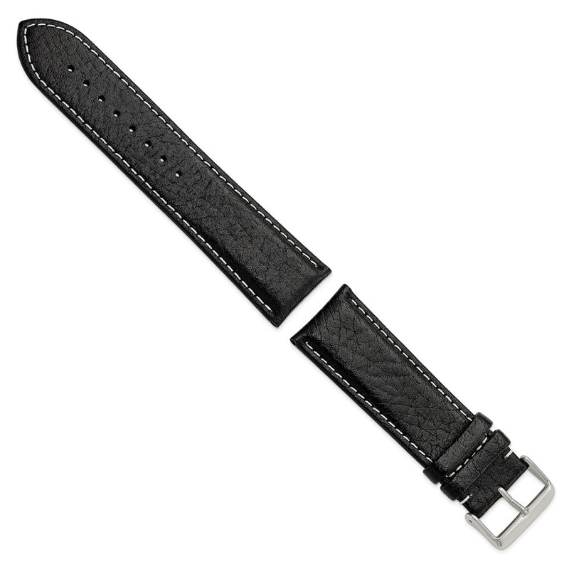 26mm Long Black Sport White Stitch Sport Leather Slvr-tone Bkle Watch Band