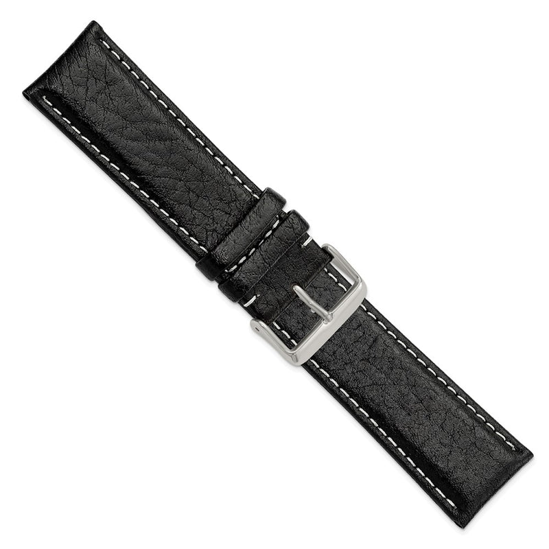 26mm Long Black Sport White Stitch Sport Leather Slvr-tone Bkle Watch Band