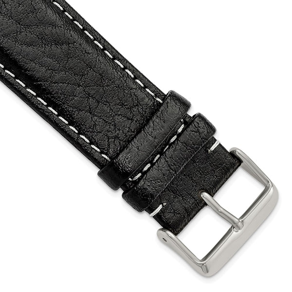 26mm Long Black Sport White Stitch Sport Leather Slvr-tone Bkle Watch Band