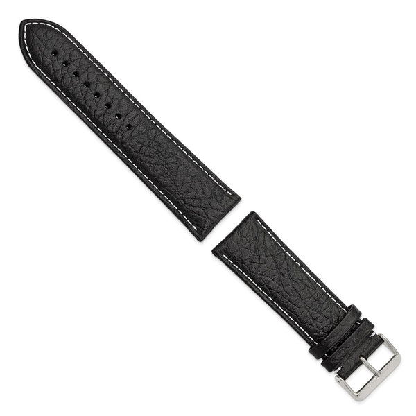 28mm Long Black Sport White Stitch Sport Leather Slvr-tone Bkle Watch Band