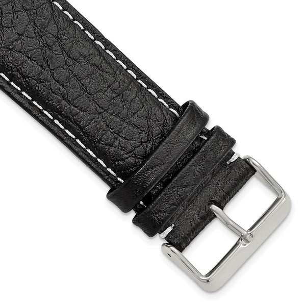 28mm Long Black Sport White Stitch Sport Leather Slvr-tone Bkle Watch Band