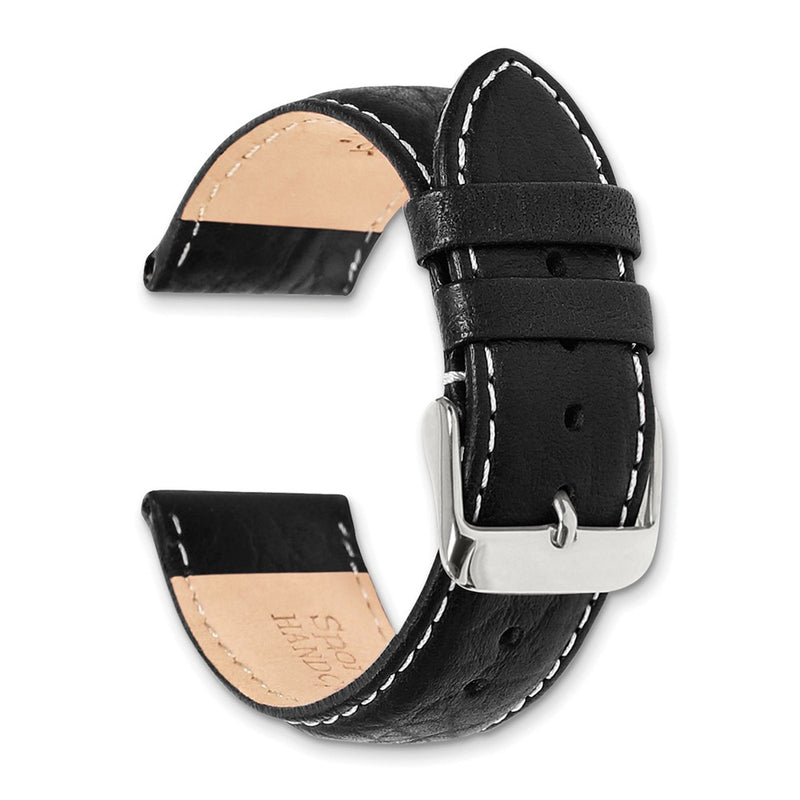 DeBeer 22mm Short Black Sport Leather with White Stitching and Silver-tone Buckle 6.75 inch Watch Band
