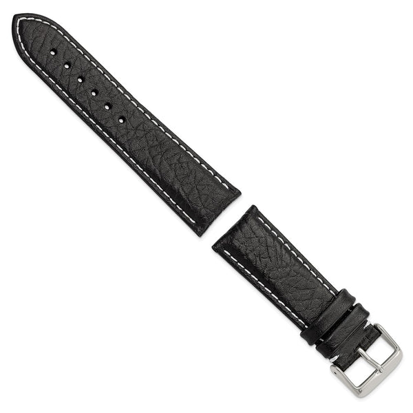 22mm Short Black Sport Leather White Stitch Silver-tone Buckle Watch Band