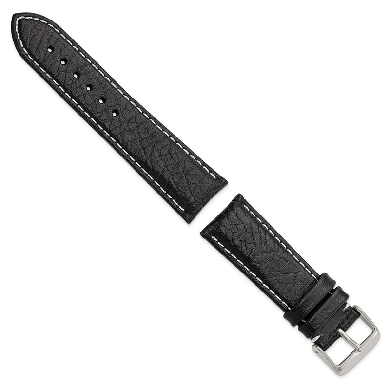 DeBeer 22mm Short Black Sport Leather with White Stitching and Silver-tone Buckle 6.75 inch Watch Band