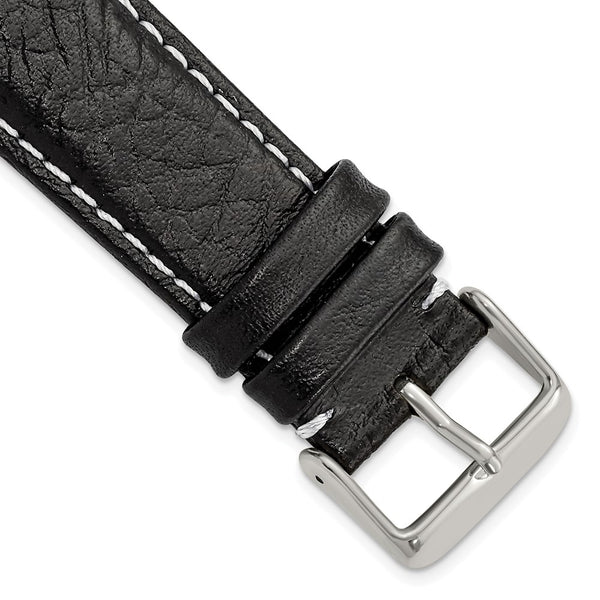 22mm Short Black Sport Leather White Stitch Silver-tone Buckle Watch Band