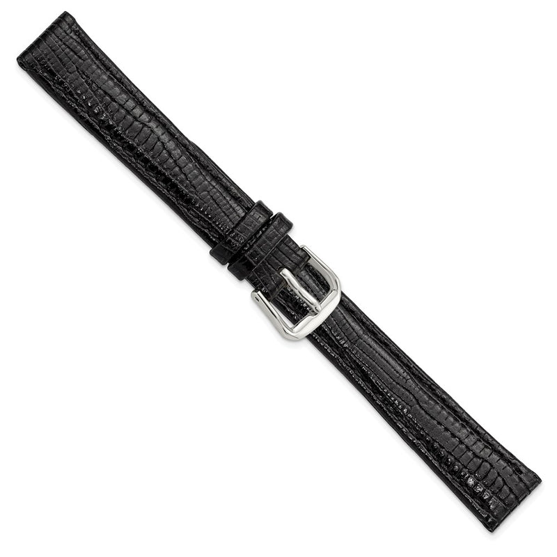 14mm Black Snake Grain Leather Silver-tone Buckle Watch Band