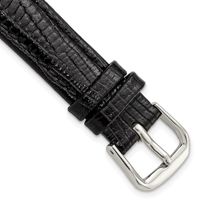 14mm Black Snake Grain Leather Silver-tone Buckle Watch Band