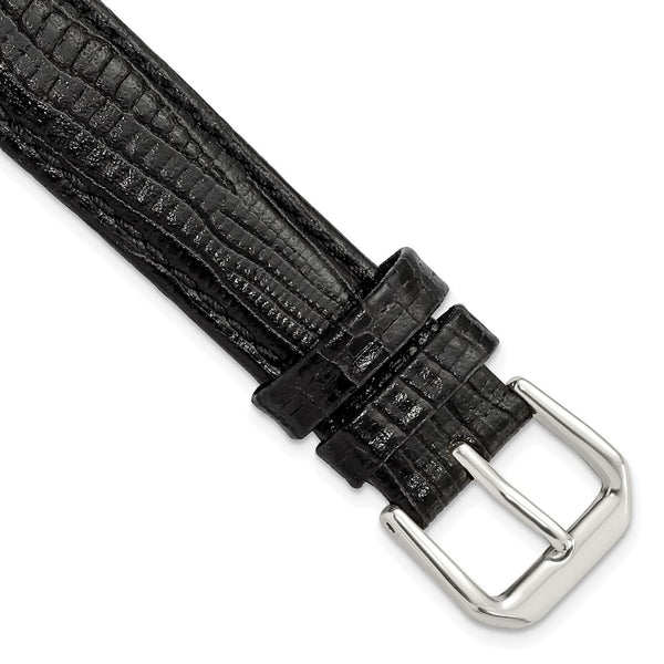 16mm Black Snake Grain Leather Silver-tone Buckle Watch Band